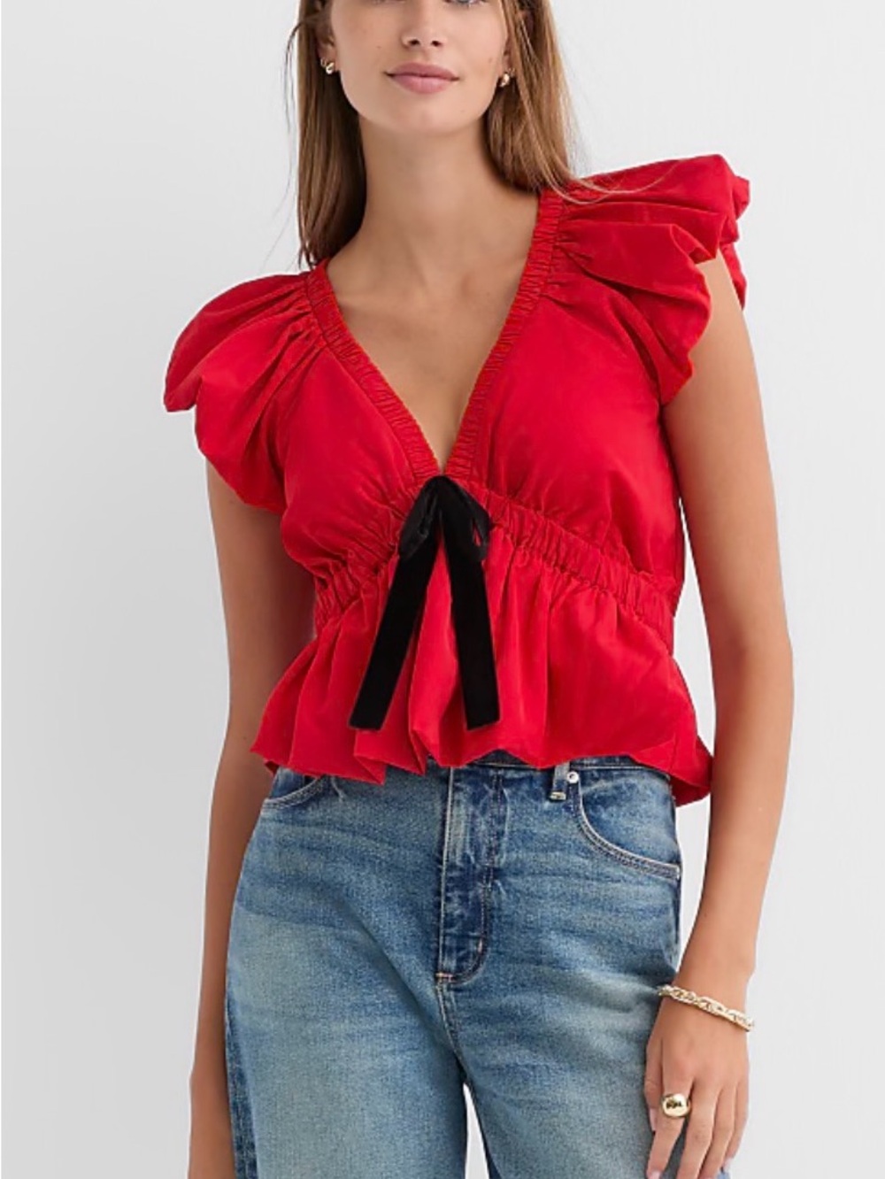 LOFT Red Ruffle-Sleeve V-Neck Top with Black Tie